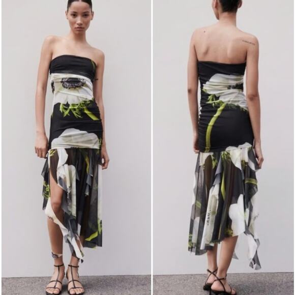 ZARA Strapless Midi Dress Floral Print Tulle Ruched Y2k Style Maxi Blogger Fav - Picture 15 of 15